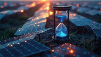 Hourglass surrounded by solar panels at sunset, symbolizing Earth Hour and renewable energy.