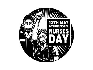 A vibrant illustration celebrating International Nurses Day. Nurses assisting senior in wheelchair on International Nurses Day. Vector silhouette design color full and  typography. International Nurse