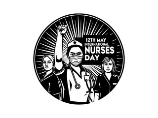 A vibrant illustration celebrating International Nurses Day. Nurses assisting senior in wheelchair on International Nurses Day. Vector silhouette design color full and typography. International Nurse