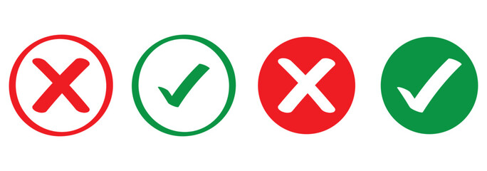 Green check marks and red cross mark icon button. Check mark icons set. Tick and cross symbol. Accepted or rejected, true or false, right or wrong, yes or no signs icons. Vector illustration.