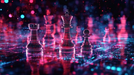Chess pieces on a holographic board, strategy and decision-making theme, dark background with neon highlights 