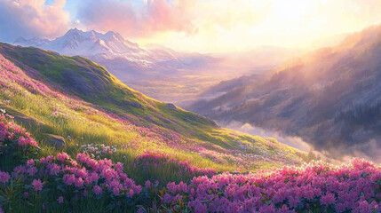 Majestic sunset over blooming alpine meadow.