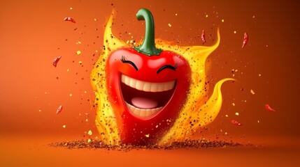 Whimsical smiling chili pepper with flames and seasoning explosion, humor and spice theme