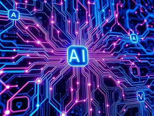 AI Circuitry: Intricate network of glowing circuitry, the heart of artificial intelligence, pulsates with vibrant colors.