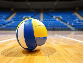 Close-up of volleyball on polished wooden court with stadium seating in the background. The image captures a sports theme in a dynamic indoor setting. Ai generative