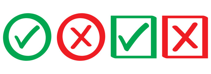 Check mark icon button set. Check box icon with right and wrong buttons and yes or no checkmark icons in green tick box and red cross.