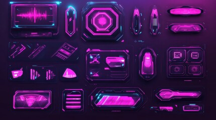 Holographic Digital Interface with Glowing Pink and Purple Sci-Fi Symbols and Streams