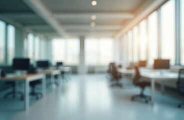 Abstract blurred office interior. Blurry workspace with defocused effect. Modern corporate room with empty desks, chairs. Light indoor workplace, design for background, backdrop in business tech