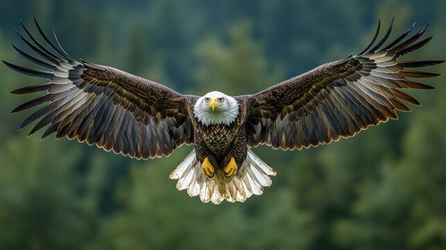 Majestic bald eagle in flight, wings spread wide, approaching the camera against a blurred green forest background.