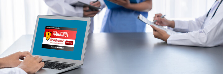 Virus warning alert on computer screen detected brisk cyber threat , hacker, computer virus and malware