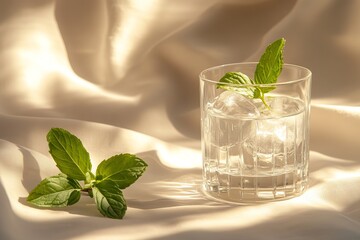 A glass of aspen bark tonic with ice cubes, garnished with fresh mint leaves, placed on a soft, light-colored fabric