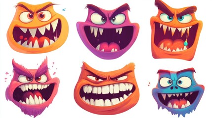 Colorful cartoon monster faces with various expressions for kids' art projects or halloween decorations