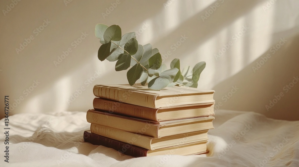Poster golden-spined books arranged neatly, accompanied by a single eucalyptus branch, bask in gentle after