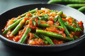 Delicious Green Beans in Tomato Sauce Savory Vegetable Dish Close Up Food Photography