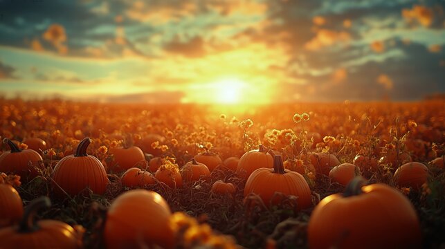 Pumpkin Field at Sunset With Vibrant Colors and Blooming Flowers