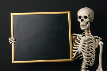 Skeleton Holding Blank Chalkboard with Gold Frame on Dark Background, Ideal for Halloween or Educational Themes, Featuring Anatomical Model and Empty Space for Text. mockup. mockups.