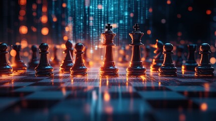 Abstract chess game with glowing pieces, symbolizing strategic planning, clean futuristic background  