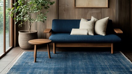 Rustic Room Interior with Indigo Rug and Wooden Sofa