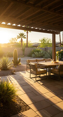 A serene outdoor patio with a dining table and chairs, surrounded by desert plants and cacti. The sun sets in the background, casting warm light and long shadows across the stone floor.