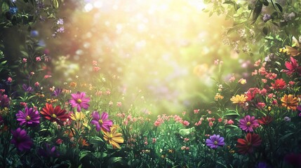 Fototapeta premium Vibrant Summer Garden with Colorful Flowers in Bright Landscape