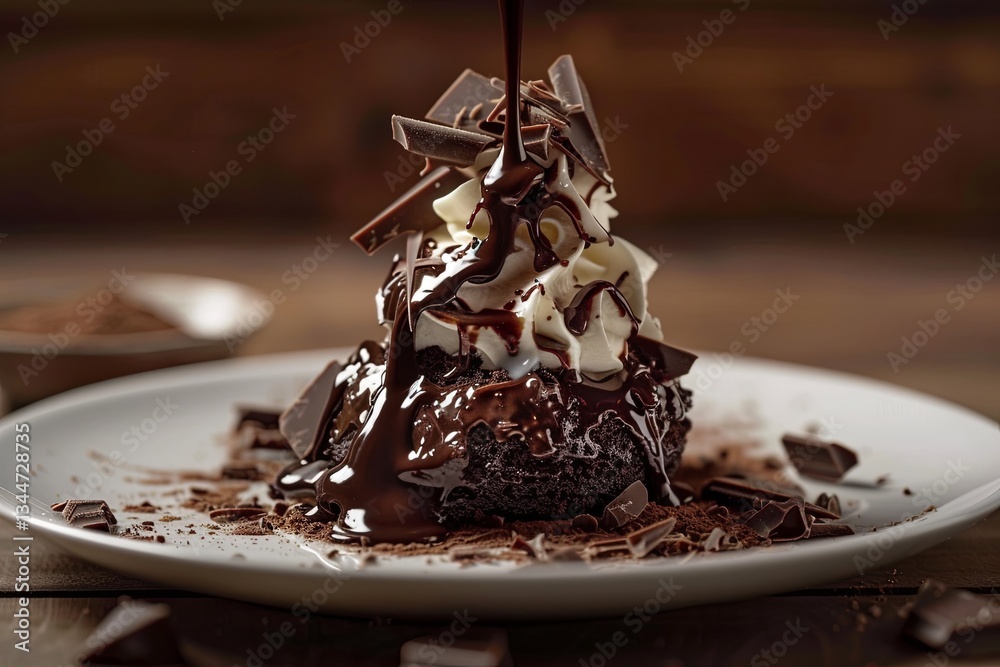 Poster rich dark chocolate pouring over a decadent dessert with whipped cream and chocolate shards in a coz