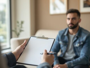 Fototapeta premium Therapist holding clipboard while consulting a male patient wearing a denim jacket in a modern office with neutral tones. Concept of mental health support. Ai generative
