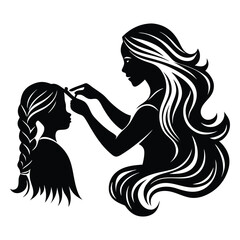 Black and white illustration of a mother styling her daughter's hair with care, Mother's day