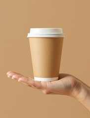 Hand holding disposable coffee cup with white lid against beige background, emphasizing eco-friendly packaging and takeaway beverage concept. Ai generative