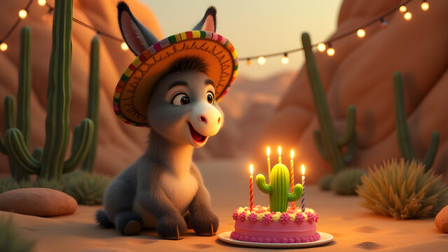 A playful donkey in a sombrero celebrates a birthday with a cactus-shaped cake, lit candles, succulents, and string lights in a vibrant desert-themed setting.