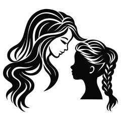 Black and white illustration of a mother styling her daughter's hair with care, Mother's day