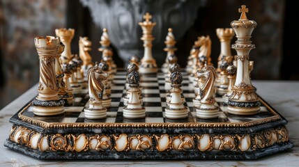 Ornate chess set on decorative board in antique interior