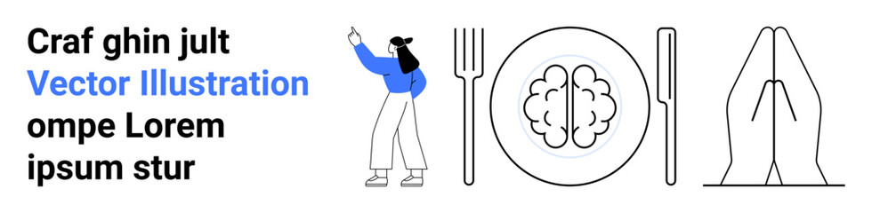 Woman pointing upward with cutlery, plate featuring a brain, and praying hands. Ideal for mindfulness, meditation, food awareness, mental health, nutrition, creativity simple landing page