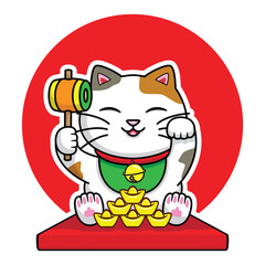Little cute Japanese lucky cat called Maneki Neko sitting with golden Chinese brick stack on red cushion one hand holding hammer represents wealth or rich drawing in colorful cartoon vector