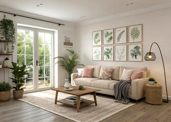 Modern Scandinavian home interior design characterized by an elegant living room featuring a comfortable sofa, mid century furniture, cozy carpet, wooden floor, white walls, and home plants