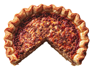 A slice missing from a rustic, goldenbrown meat pie reveals a delectable, savory filling. The flaky, crimped crust contrasts beautifully with the rich, textured topping.