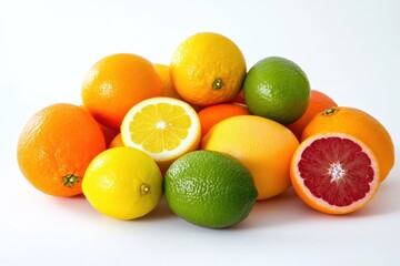 Fresh citrus mix featuring oranges, lemons, limes, and grapefruits on a white background
