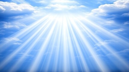 Heavenly light rays beaming through fluffy white clouds in a vibrant blue sky.
