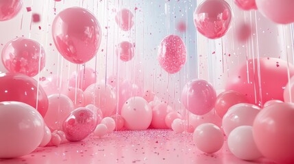 Many pink balloons floating and scattered in a room of confetti