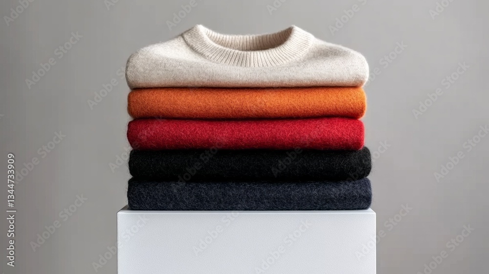 Poster a collection of five sweaters in rich autumn colors rests stylishly on a simple pedestal. the textur