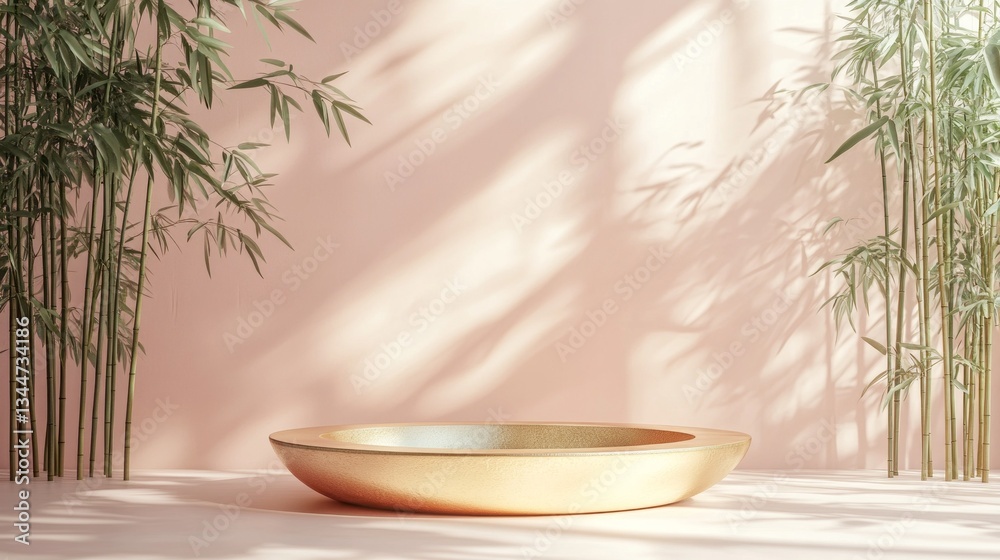 Poster a tranquil setting features a golden bowl resting on a smooth surface, surrounded by lush bamboo pla