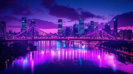 Fototapeta premium Vibrant purple city skyline at twilight, bridge over river