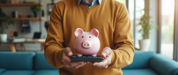 person holding a pink piggy bank above a calculator symbolizing financial planning and savings