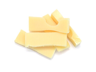 Cubes of cheddar cheese isolated on white 