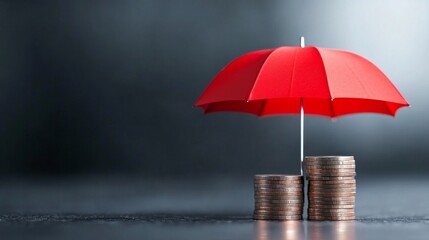 A vibrant red umbrella stands over stacks of coins, symbolizing protection and privacy in banking. The dark background emphasizes the importance of safeguarding financial assets in today's world.