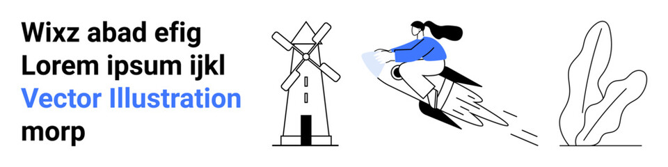 Windmill beside modern rocket-riding woman in motion, abstract plant accent. Ideal for innovation, sustainability, progress, energy, growth, futuristic concepts, simple landing page