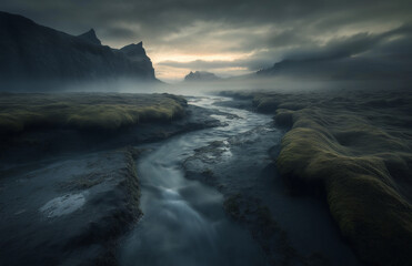 Obraz premium Breathtaking landscape of mountains and water under dark clouds