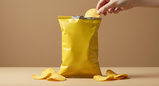 mano sacando papas de una bolsa de papas 