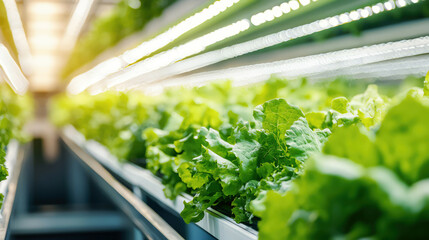 Rows of fresh leafy greens in a clean vertical farming facility, efficient irrigation and lighting