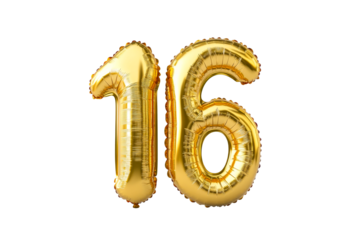 Golden 16 balloon for a birthday celebration