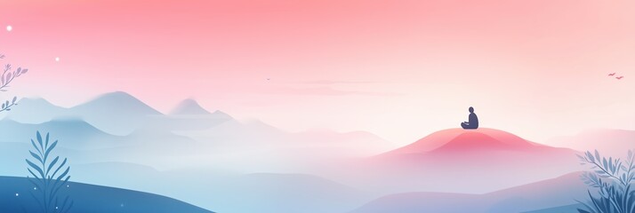 Meditation practice under a pastel sky with serene mountain backdrop